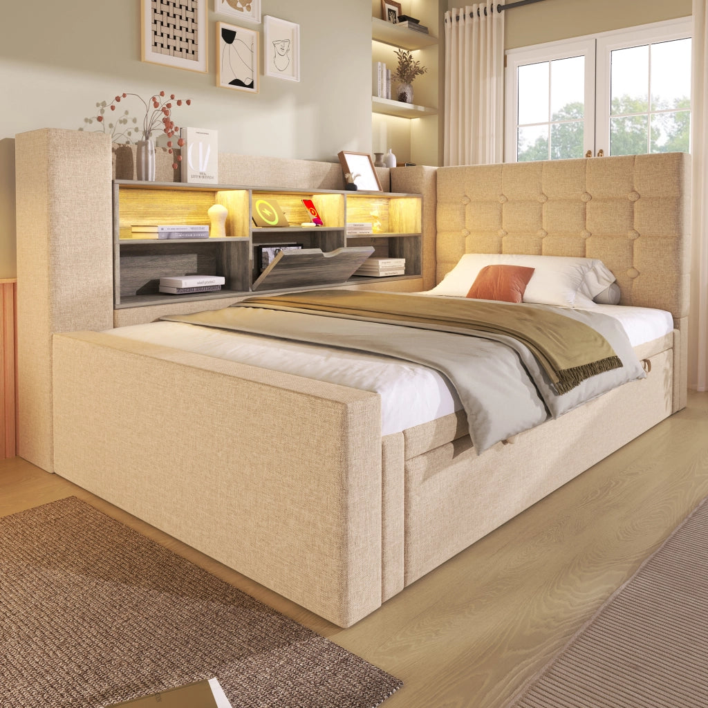 LETTO CONTENITORE 90x200 cm Beige in lino con LED e letto estraibile