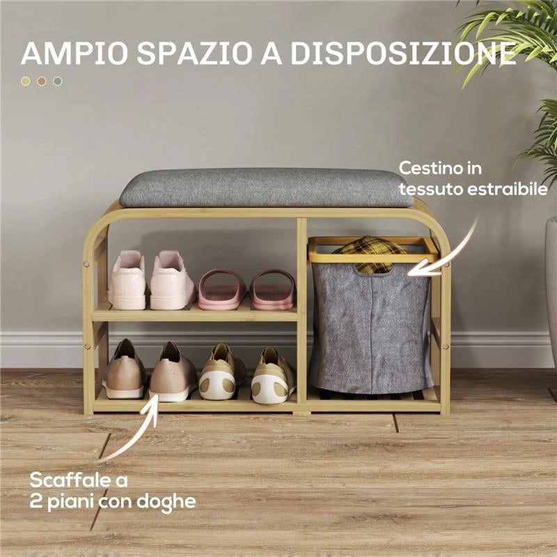 PANCA SCARPIERA DA INGRESSO CON SEDUTA IMBOTTITA DESIGN A DOGHE E CESTINO ESTRAIBILE 70X30X45 CM LEGNO