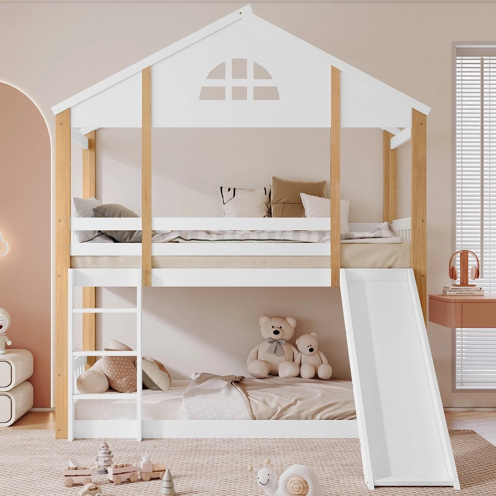 Letto a Castello con Scivolo e Finestre ¨C MINIMAL ¨C Massello Bianco 90x200