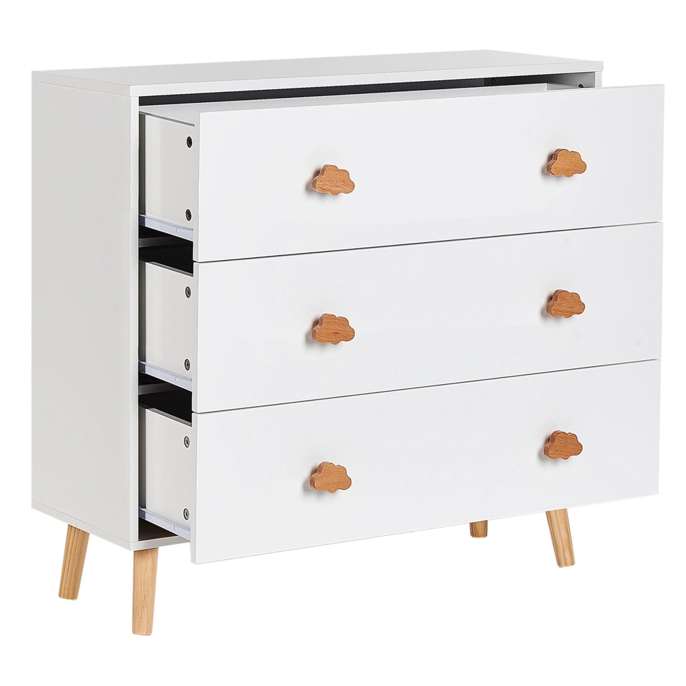Cassettiera a 3 cassetti in MDF bianco Gambe in legno di pino Maniglie a forma di nuvola Camera dei bambini