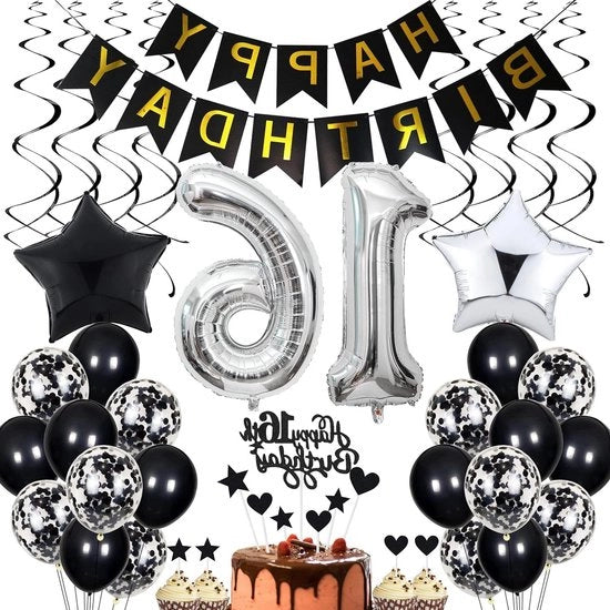 Decorazione di compleanno 16 anni, Taarttopper nero e bianco, Decorazione di compleanno per 16 anni, Decorazione nero e bianca per festa di compleanno
