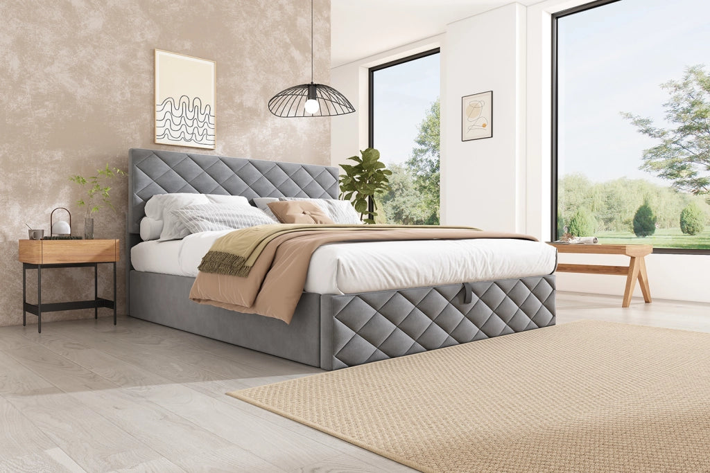 DESMIU Letto contenitore 140 × 200 cm matrimoniale con contenitore idraulico, senza materasso, velluto grigio
