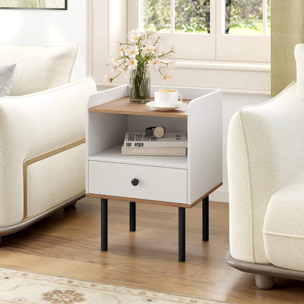 Comodino tavolino da letto con cassetto moderno tavolino laterale in metallo, Comodino tavolino compatto Bianco-Comodini
