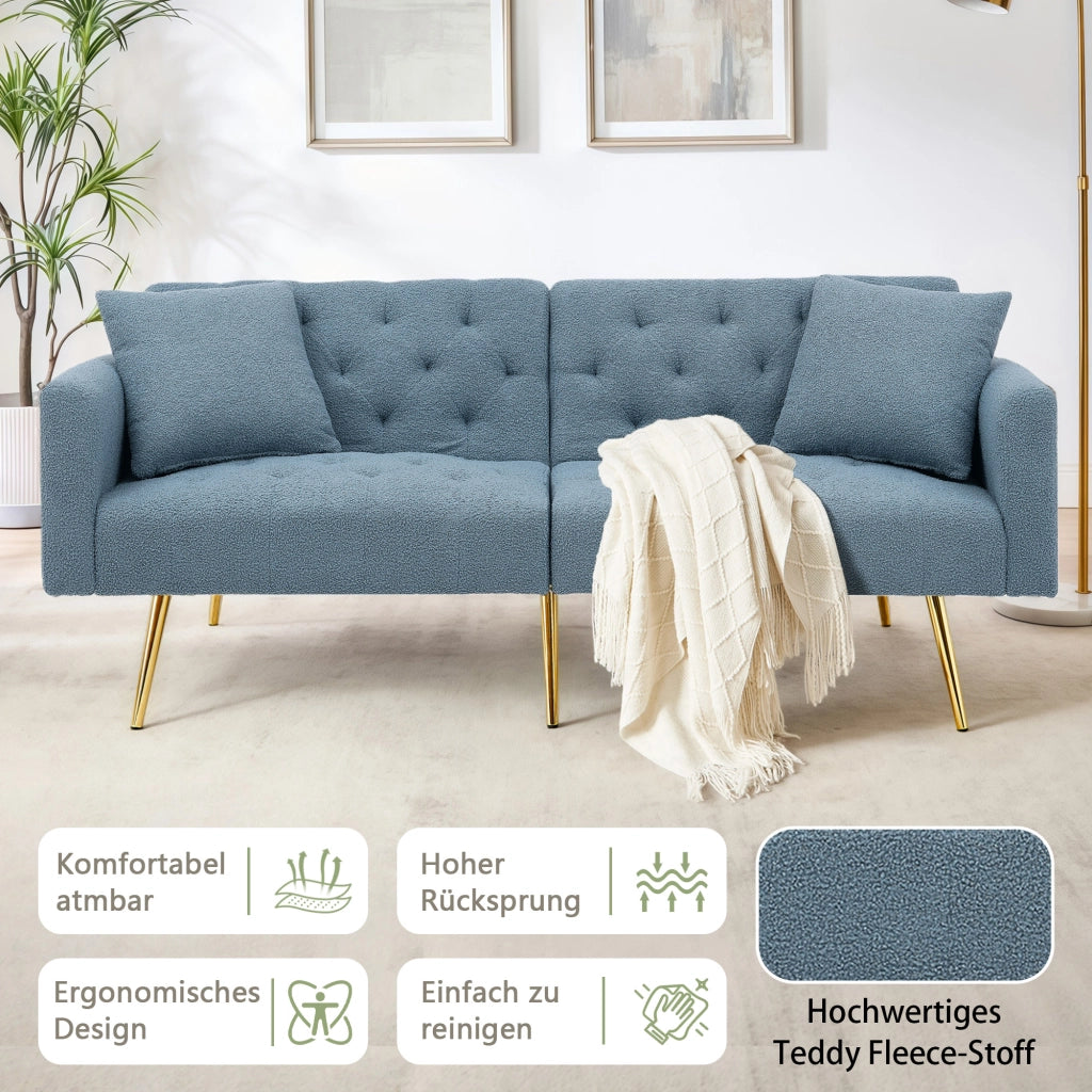 Divano a 2 posti con schienale reclinabile a 3 livelli e 2 cuscini, gambe in metallo dorato, teddy fleece blu