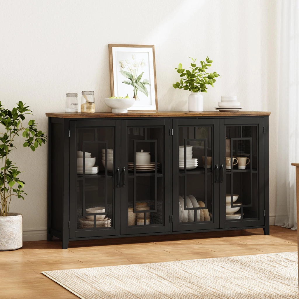 Credenza e madia con ante in vetro e 2 vani, piano effetto legno, per cucina e soggiorno, nero 160 × 40 × 86 cm