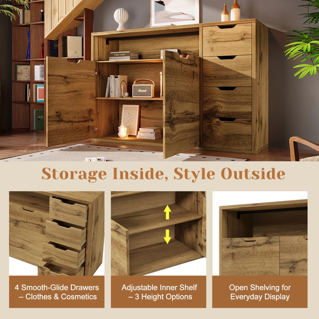 OKWISH Credenza con 2 Ante, 4 Cassetti e 1 Vano Aperto, Ripiani Regolabili, per Soggiorno 150 x 40 x 90 cm
