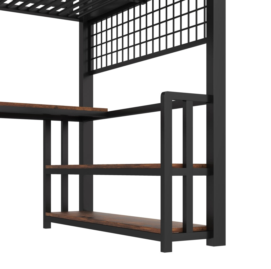 Letto a soppalco 140x200 cm con scrivania; LED e contenimento in metallo e MDF nero