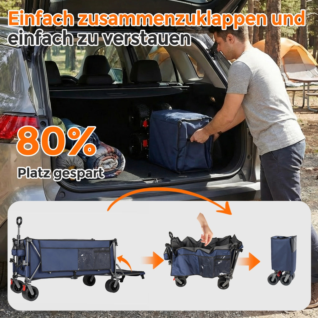 Carrello pieghevole con sponda estensibile in acciaio blu per giardino, spiaggia, camping e acquisti