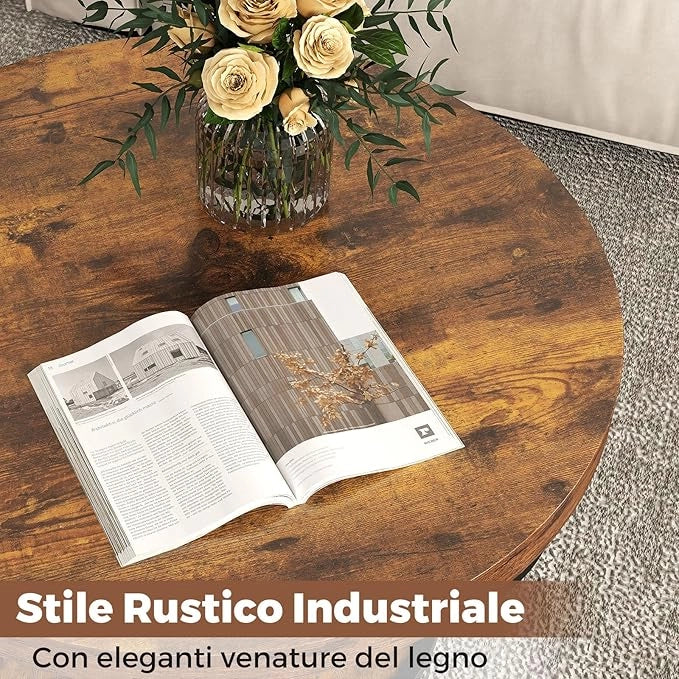 Tavolino da Caffè Rotondo a 2 Ripiani, Tavolo da Salotto in Legno con Struttura in Metallo, Tavolino Soggiorno Industriale con Piedini Regolabili, 80 x 80 x 45 cm (Rustico)