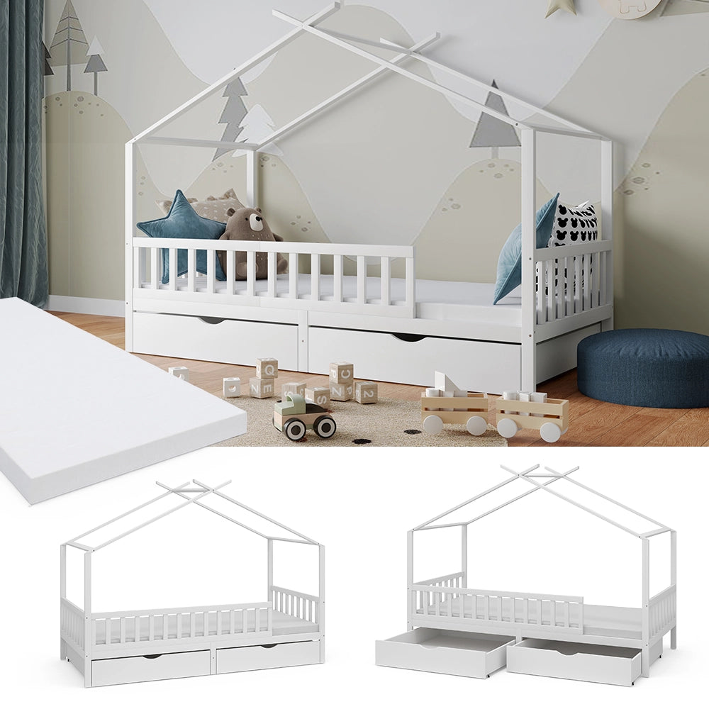 Vitalispa Letto montessori bambini Bianco 90x200 cm con 2 cassetti e materasso