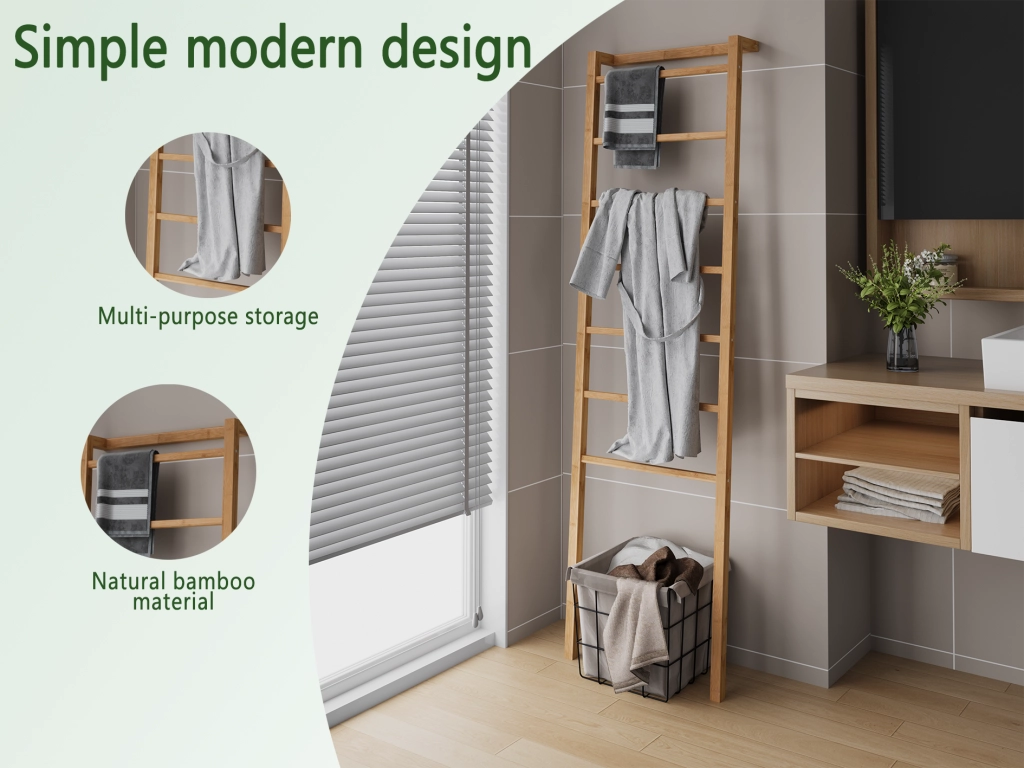 Scala porta asciugamani in bambù naturale a 7 pioli, design minimalista per bagno e casa