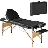 Lettino Massaggio Pieghevole in Legno a 3 Zone con Altezza Regolabile Poggiatesta Braccioli 215x60x64-89 cm Nero