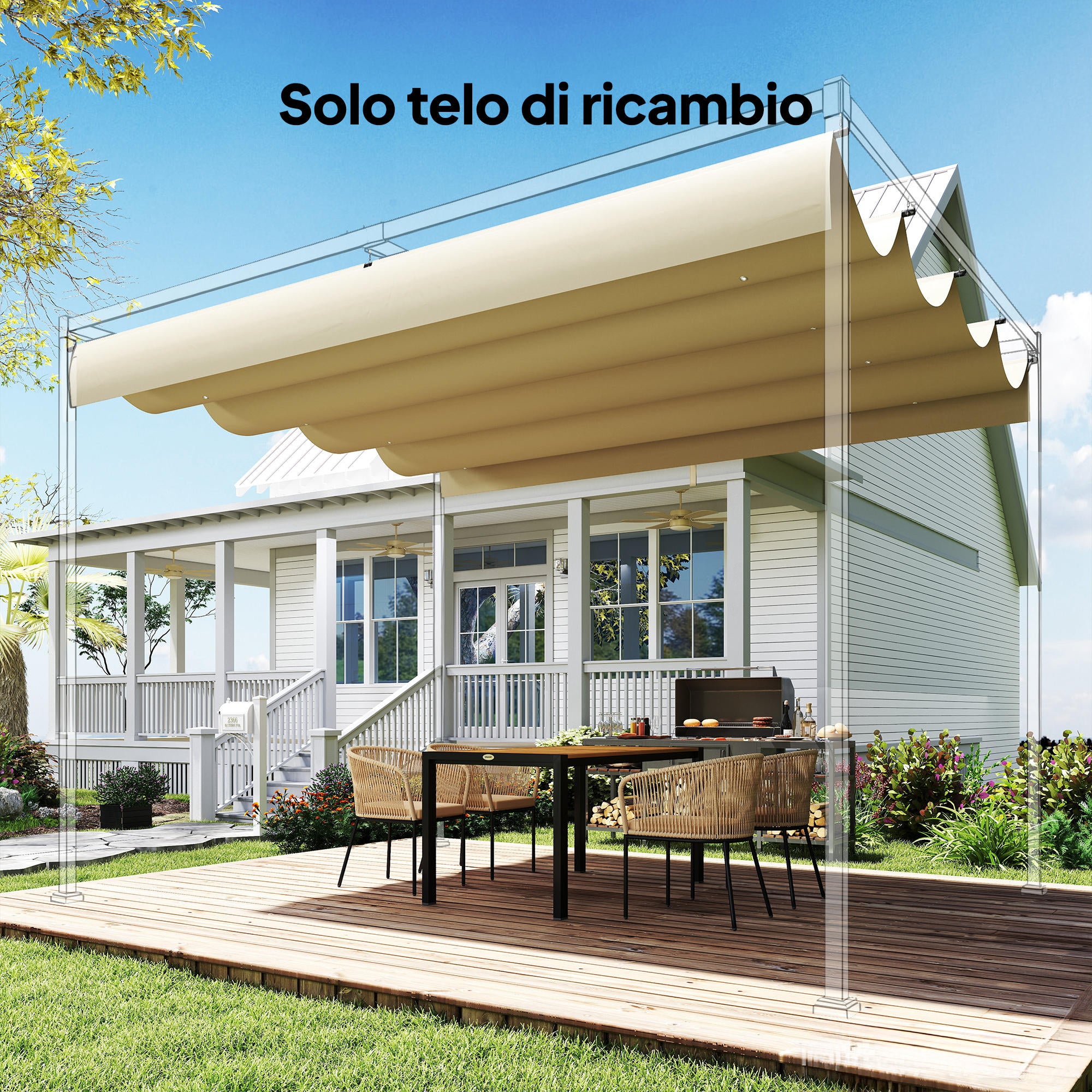 Telo Pergola per Esterni 392x350 cm Anti UV con 8 Fori di Drenaggio in Poliestere Beige