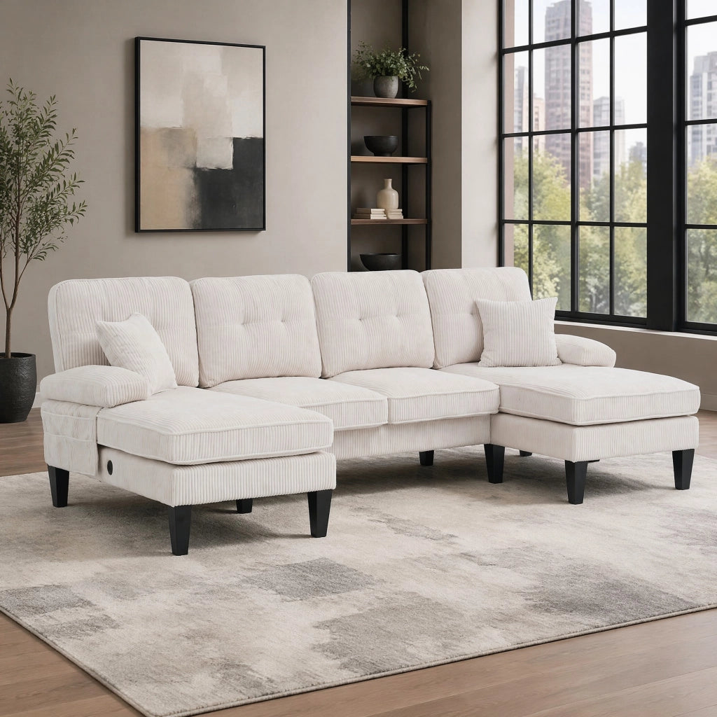 Divano a U 4 posti con doppia chaise longue; in tessuto effetto corda beige; 250x130x88 cm