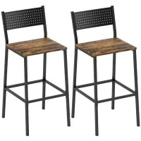 Set 2 Sgabelli da Bar con Schienale e Poggiapiedi Integrato in Stile Industriale, Marrone Rustico