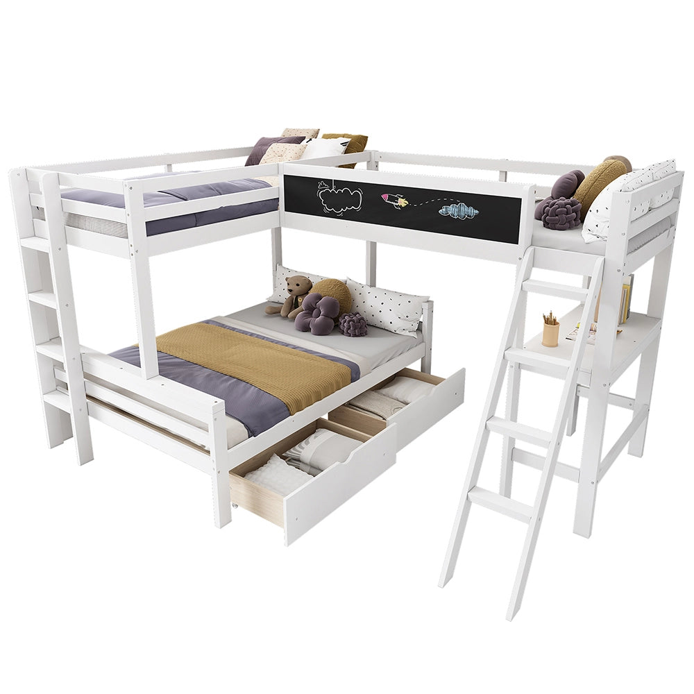 Letto a castello 140x200 e 90x200 - Xylo - 3 posti, cassetti, scrivania, scaffale, bianco