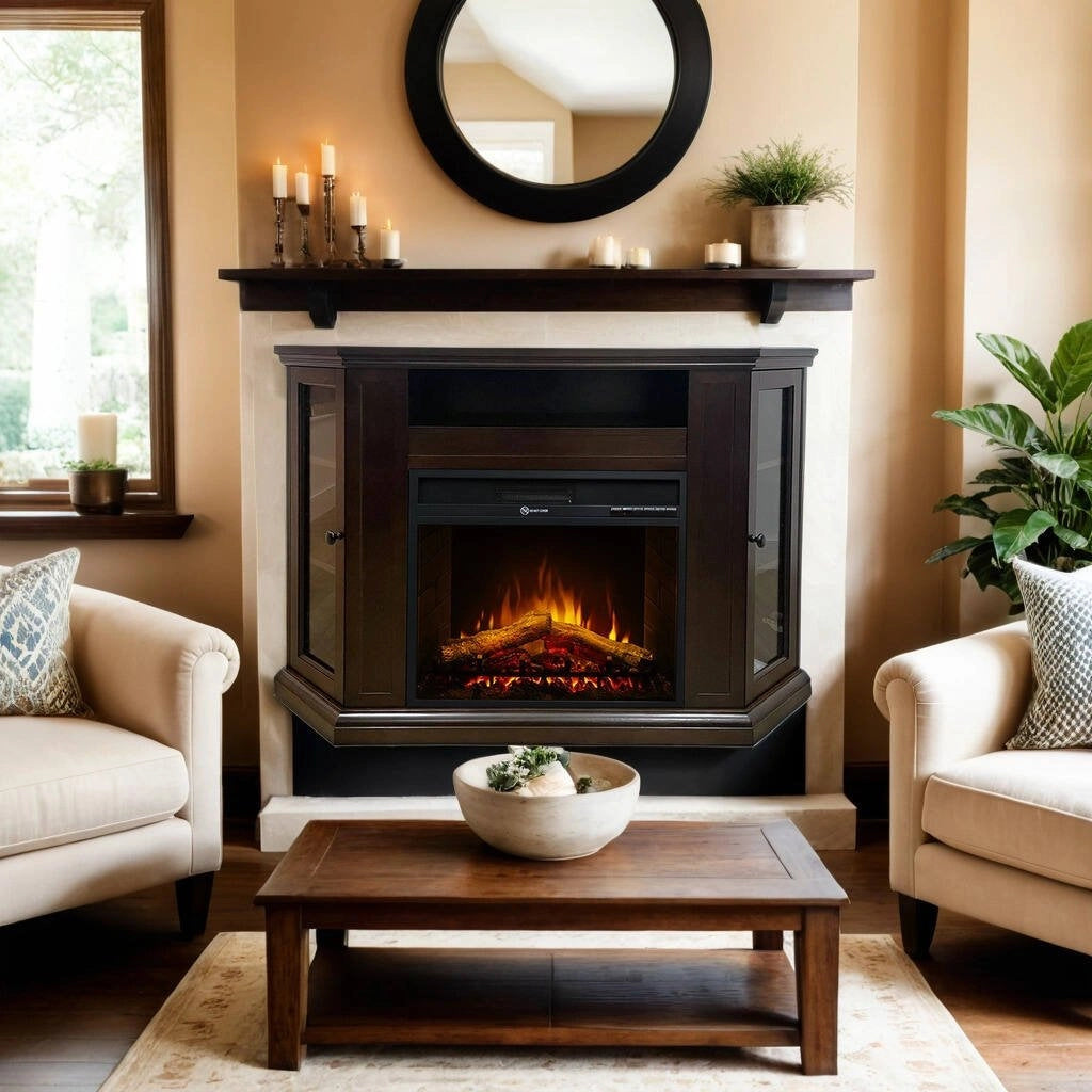 Camino elettrico Alonte, Stufa elettrica, Focolare elettrico a parete, Caminetto moderno, Made in Italy, 126x78 h81 cm, Marrone