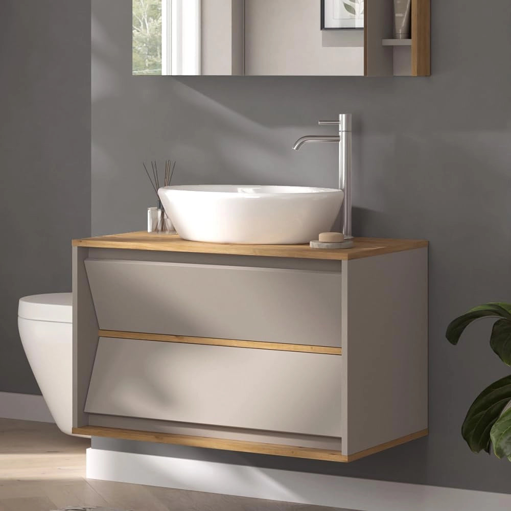 Mobile sottolavabo per bagno Edelin, Cachemire, 80 x 50 cm con 2 cassetti, per montaggio a parete e compatibile con sifoni standard