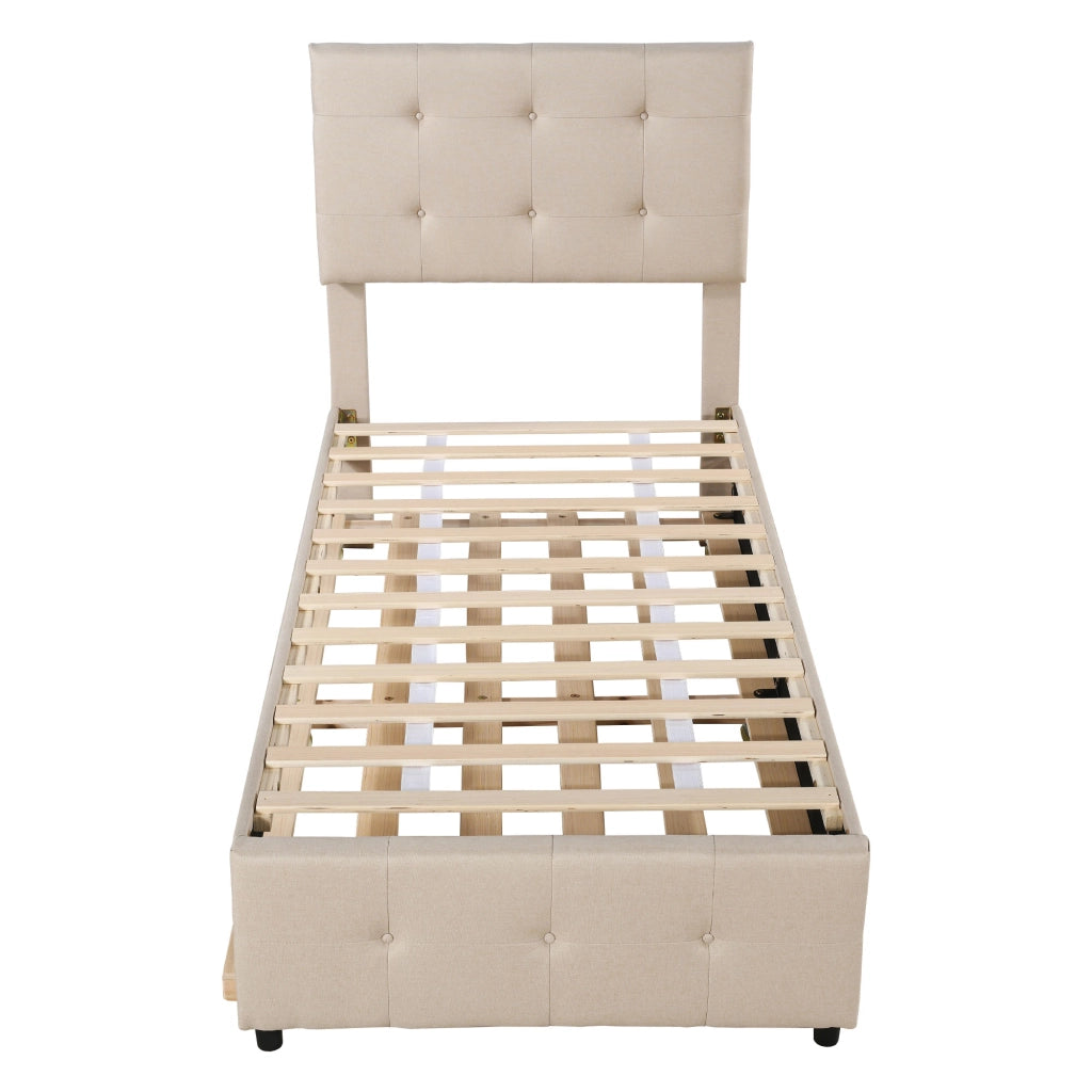 Letto Singolo Imbottito Estraibile ¨C MINIMAL ¨C Testiera Regolabile, Tessuto Beige, 90x200