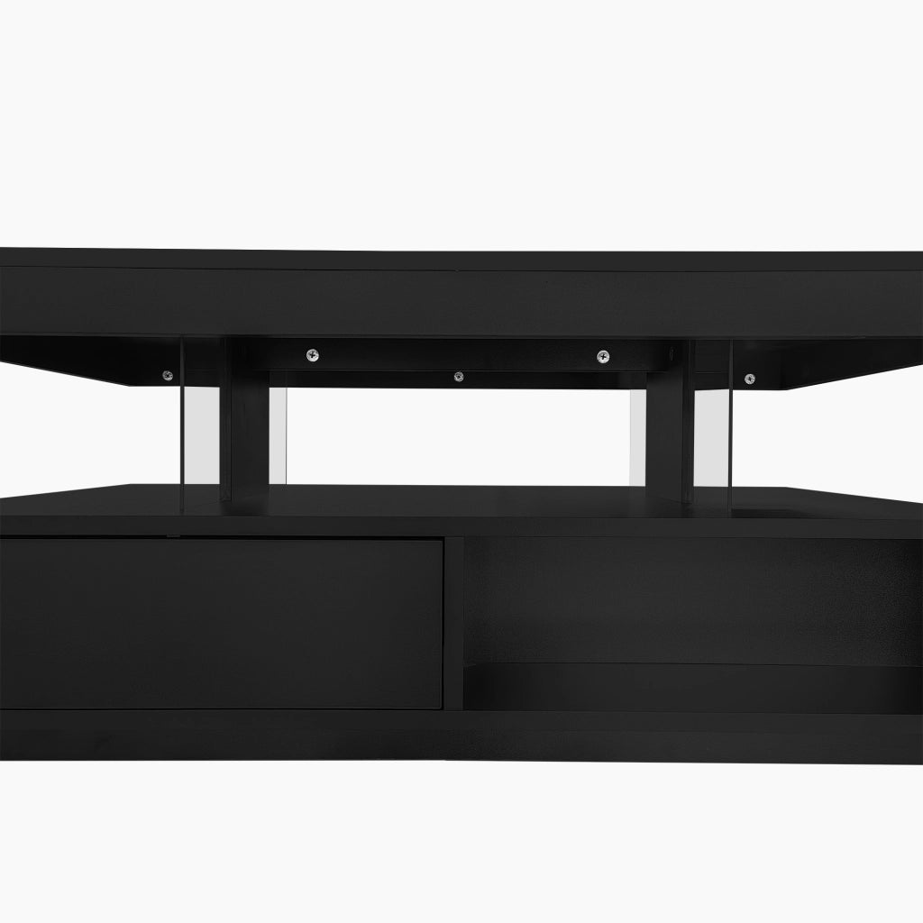 TAVOLO BASSO 95x50x42,5 cm Nero Lucido con 4 inserti in vetro, 2 cassetti e 2 vani aperti