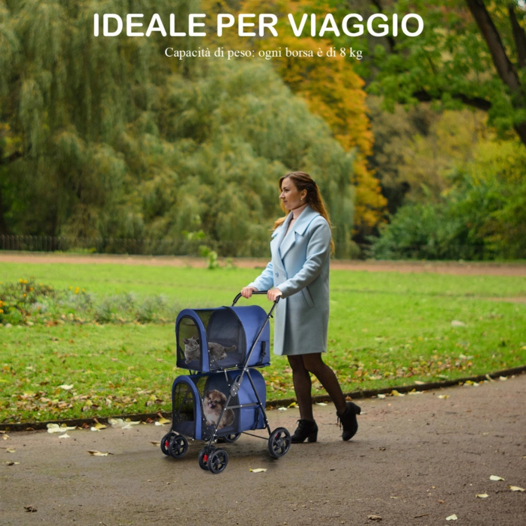 Passeggino pieghevole per animali a doppio livello con 4 ruote, Passeggino 4 in 1 per cani e gatti Blu-Giochi e accessori per cani