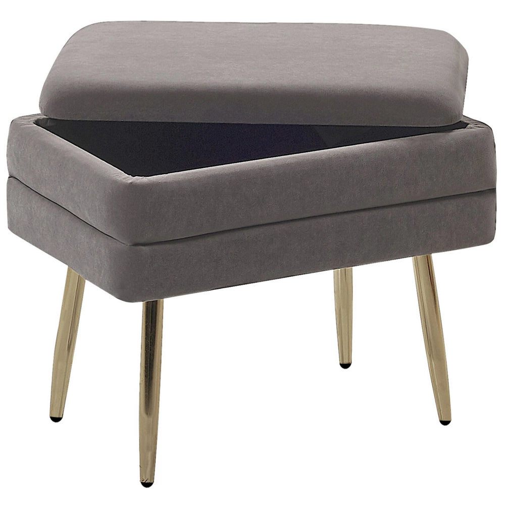 Panca portaoggetti Rivestimento in velluto di poliestere grigio Gambe in ferro dorato Poggiapiedi per soggiorno dal design glam