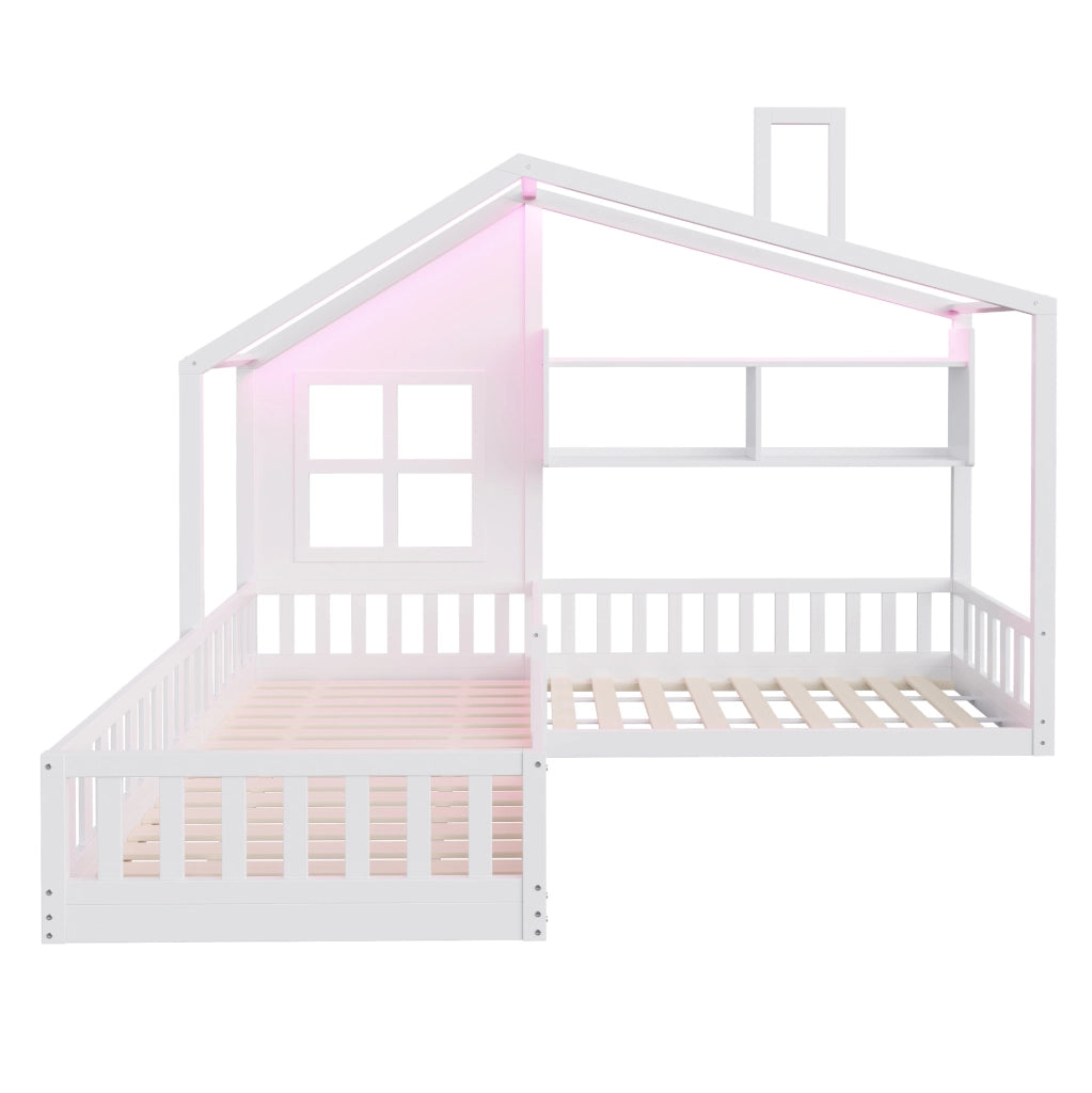 Letto a casetta 90x200 cm con LED, mensole e sponde di sicurezza