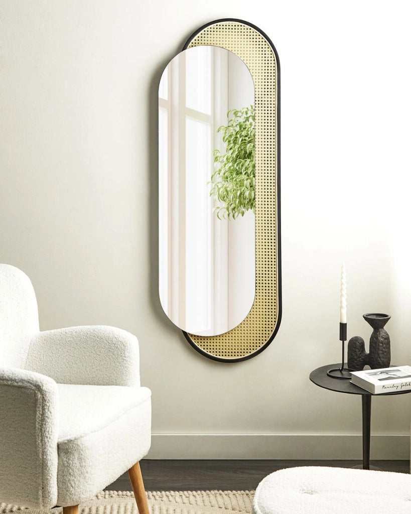 Specchio da parete di forma ovale con cornice in rattan e metallo nero 51 x 143 cm soggiorno camera da letto