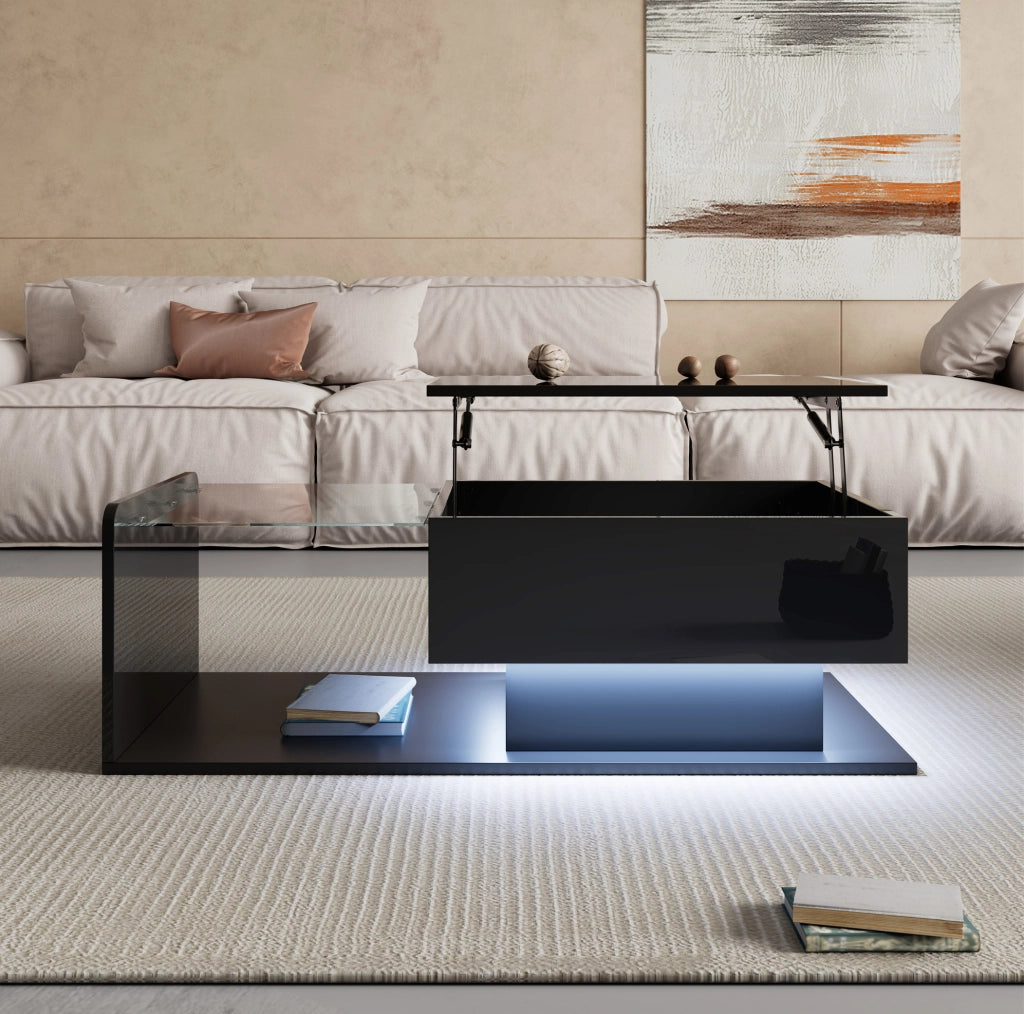 Tavolino da caffè sollevabile 100 x 50 x 33/47,5 cm nero lucido, LED, vetro e pannelli
