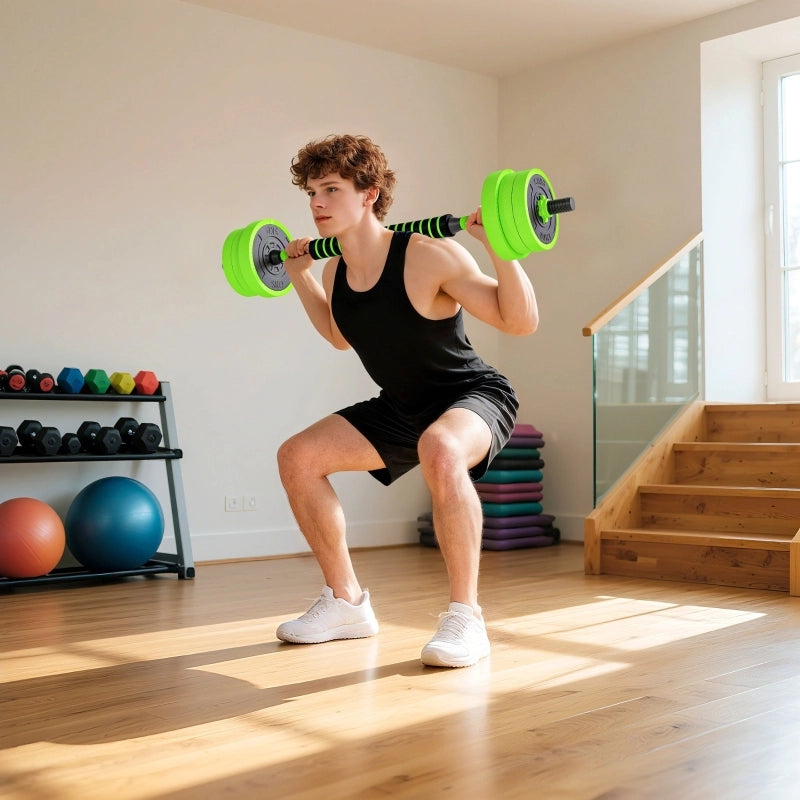 Set di manubri 4 in 1 da 20 kg con manubri regolabili, bilanciere, kettlebell e maniglie per flessioni, colore verde.