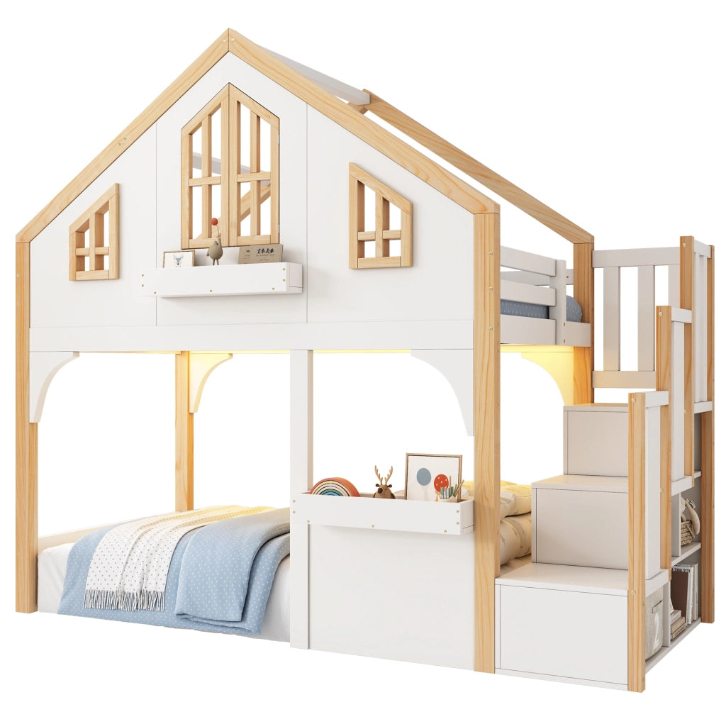 Letto a castello per bambini 90x200 cm con scala contenitore e LED