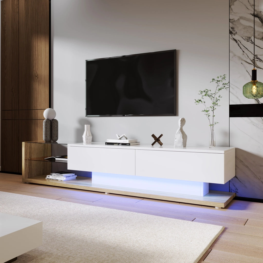 Mobile TV con 2 Cassetti; 2 Ripiani in Vetro e LED; Bianco Lucido con Effetto Legno; 170??36??38 cm; in Truciolare