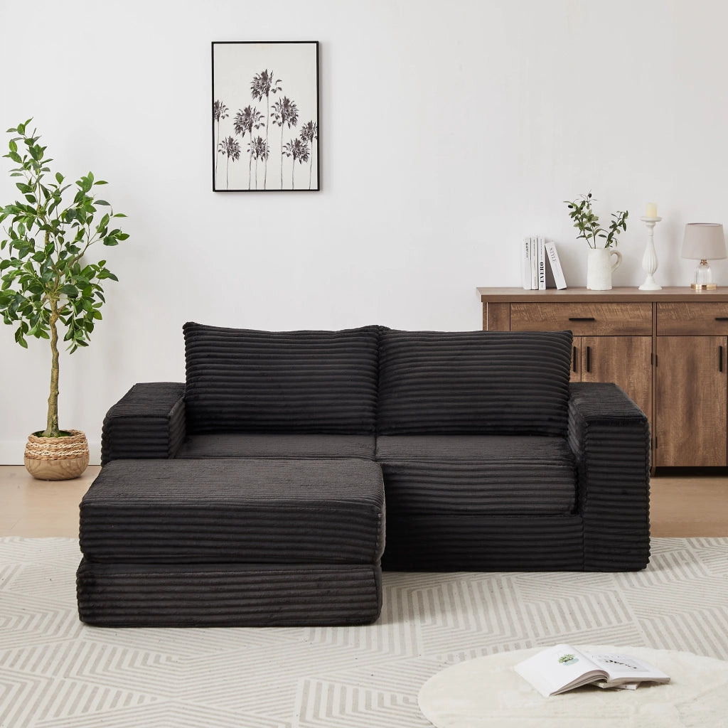 Divano letto modulare con pouf rimovibile, braccioli quadrati e configurazione flessibile in velluto a coste nero