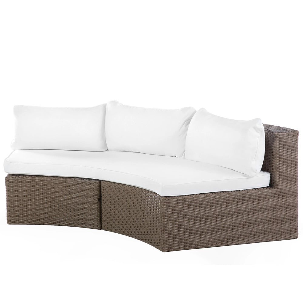 Set divano ad angolo da giardino marrone finto rattan a forma di U 9 posti cuscini bianchi curvi con tavolo set di conversazione