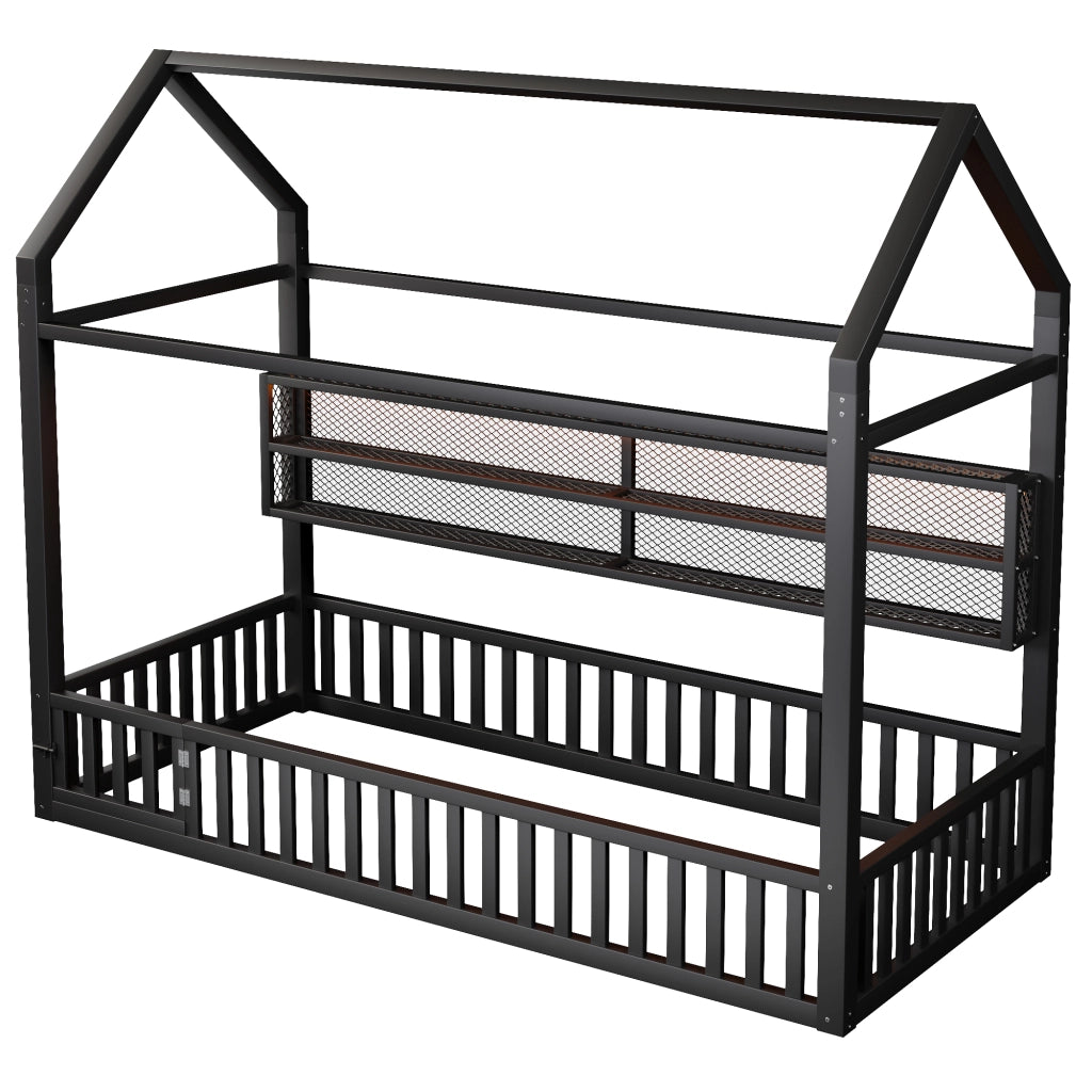 OKWISH Letto a Casetta Letto Singolo con Sponda e LED 90 x 200 cm, senza Materasso, in Metallo, Nero