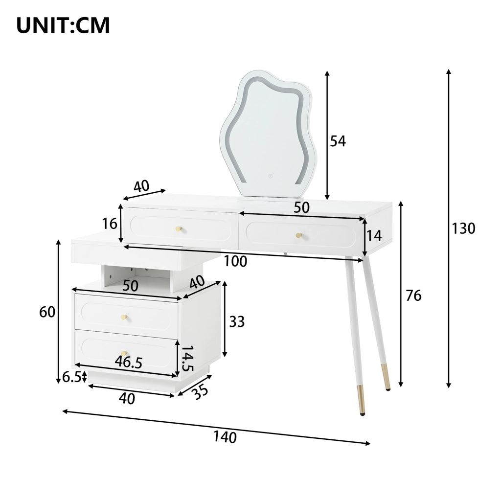 Tavolo da trucco con specchio LED, 4 cassetti e vano aperto, design salvaspazio per camera da letto, bianco, 140¡Á40¡Á130 cm