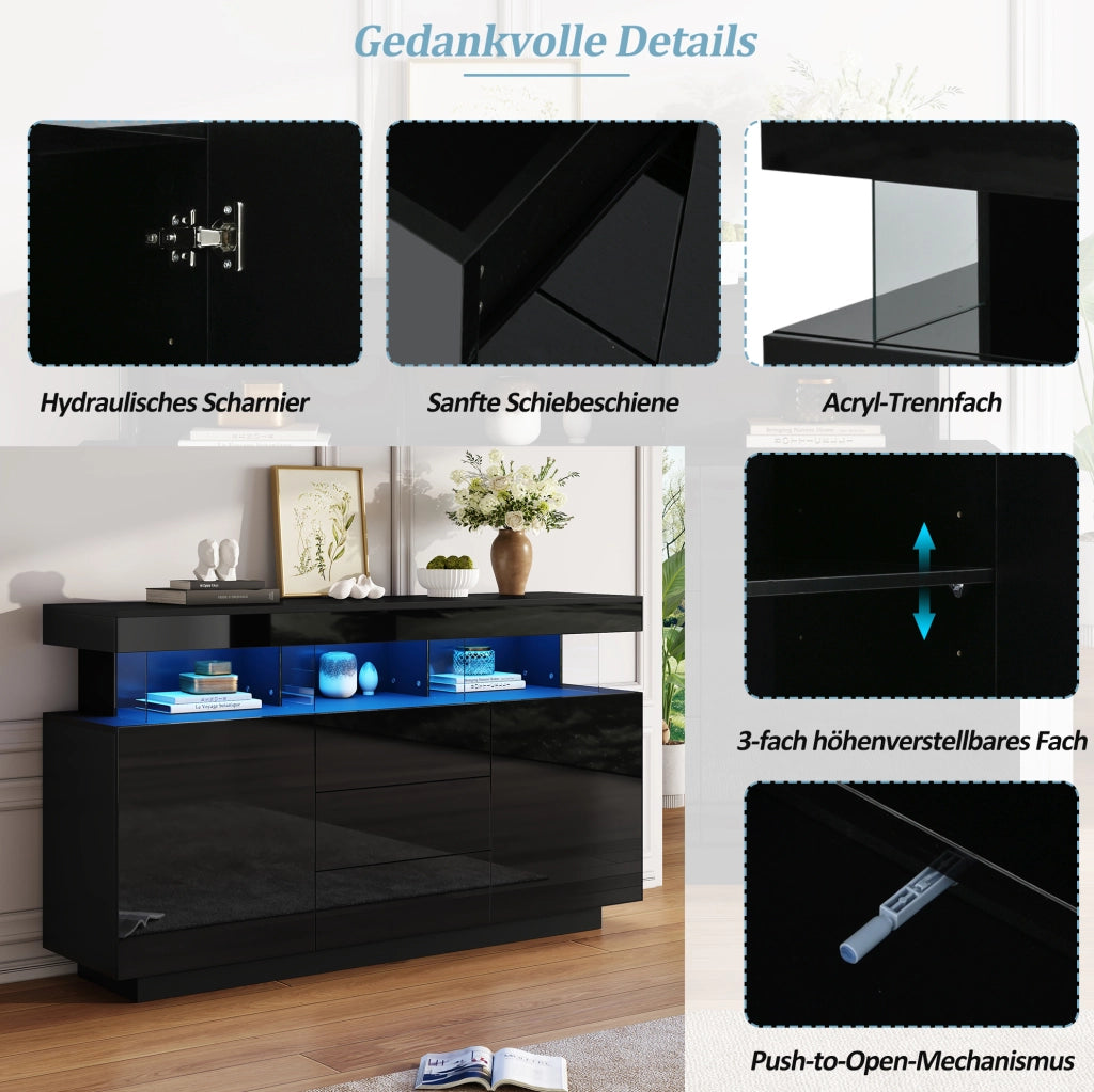 Credenza moderna lucida nera con LED e 3 cassetti