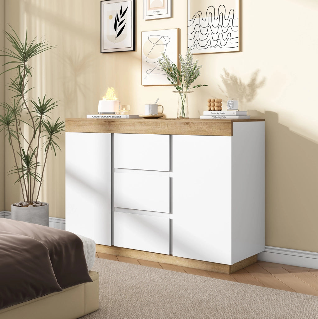 Cassettiera classica con 3 cassetti e 2 ante; in truciolare E1; bianco e rovere