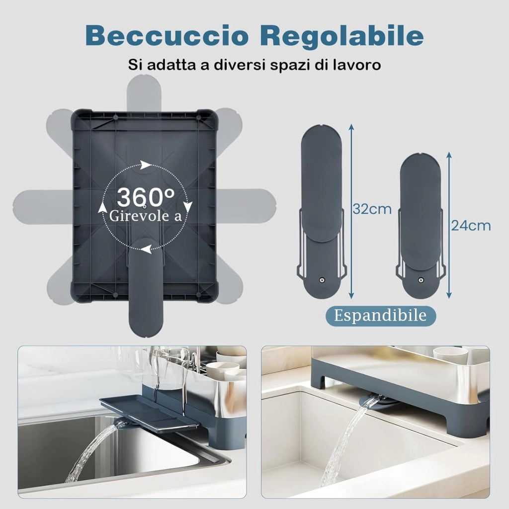 Scolapiatti da Appoggio a 2 Livelli, in Acciaio Inox con Porta Bicchieri, Piatti, Ciotole, Tazze, Posate e Vassoio Raccogligocce, Scolapiatti da Lavello con Ugello Estensibile Girevole a 360°