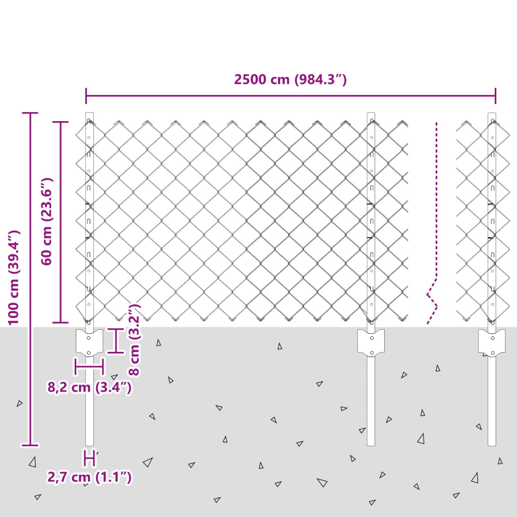 Recinzione a Catena con 22 Post U Grigia 0.6x25 m Acciaio
