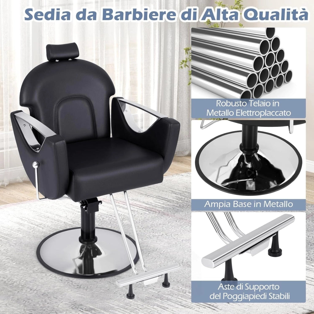 Sedia da Parrucchiere Girevole 360°，Altezza Regolabile, Poltrona Idraulica con Poggiapiedi, Sedia da Salone con Poggiatesta e Schienale Reclinabile, per Parrucchieri, Saloni di Bellezza (Nero)