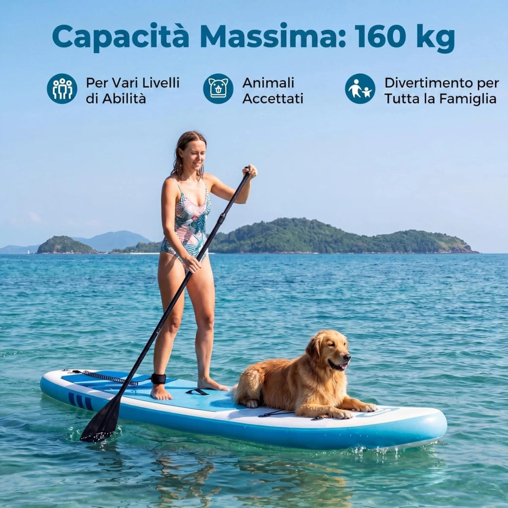 SUP Stand up Paddle, Tavola SUP Gonfiabile con Pompa, Pagaia in Alluminio, Guinzaglio, Borsa e Kit di Riparazione, per Principianti ed Esperti, Portata 160 kg, 336 x 77 x 16 cm
