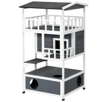 Casetta per Gatti in Legno per Esterni con Terrazza, Cuccia per Gatti a 4 Piani con Scala, Tetto in Asfalto, Resistente alle Intemperie, Casa per Piccoli Animali, 75,5 x 75 x 137 cm, Grigio