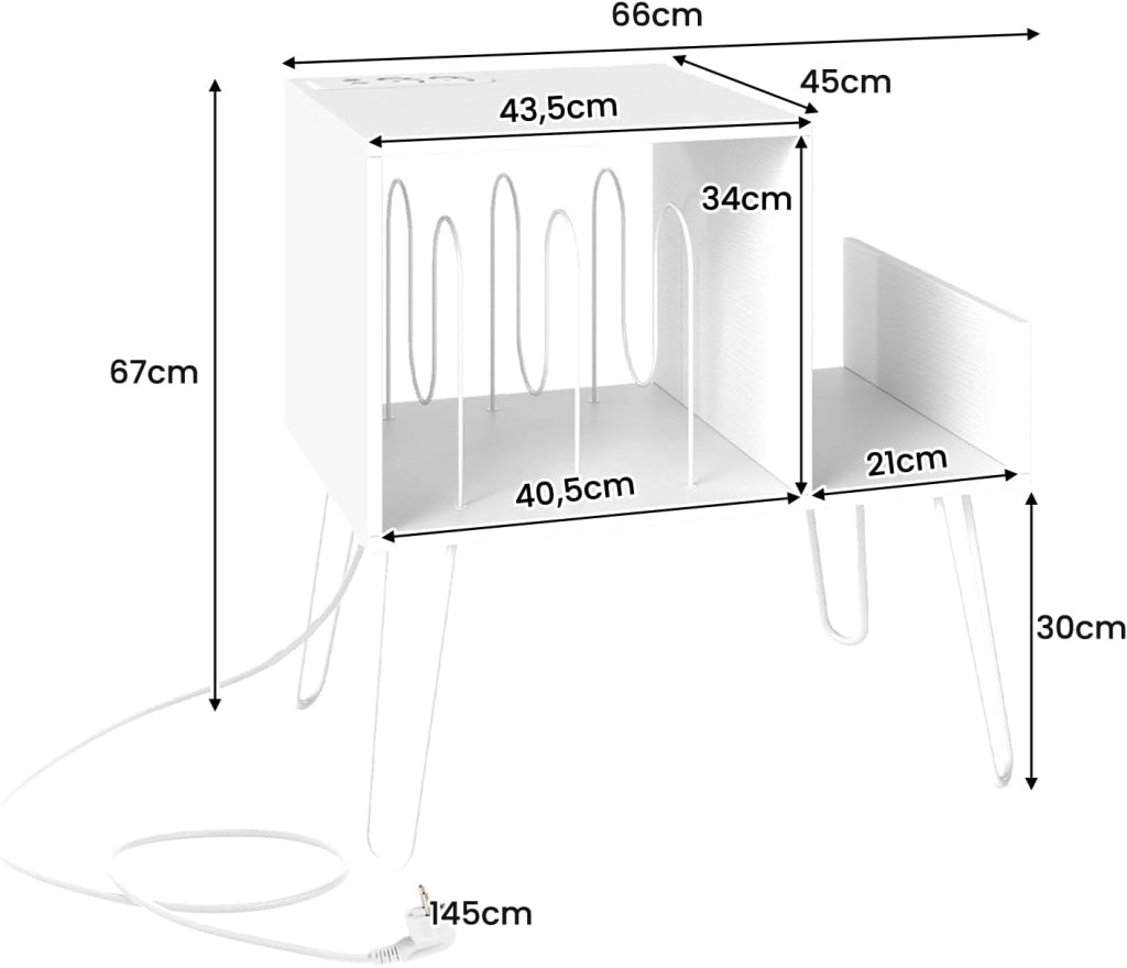 Supporto per Giradischi con Stazione di Ricarica, Porta Dischi Vinile Vintege con Pareti Divisorie e Ripiano Laterale, Espositore per Dischi in Vinile Fino a 145 Album, 66x45x67cm (Bianco)