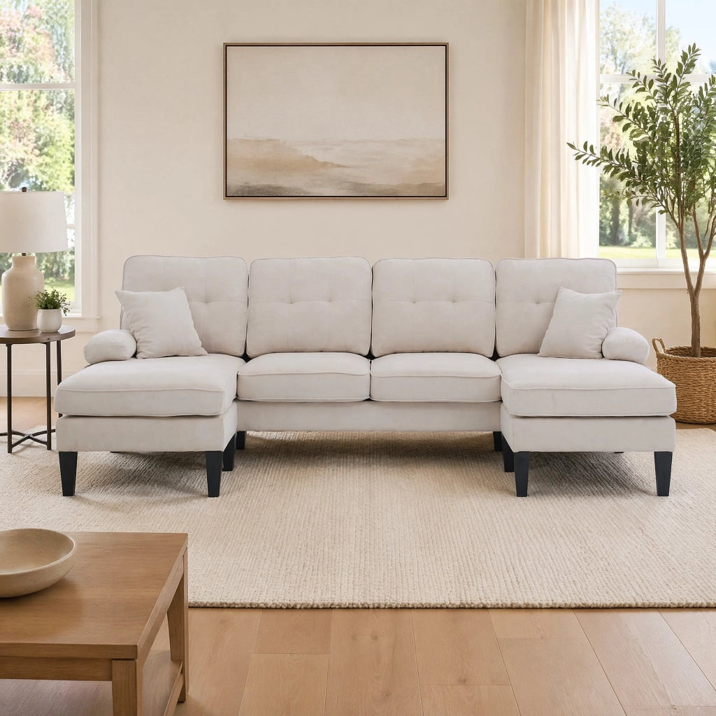 Divano U 4 posti in tessuto effetto lino, beige, con chaise-longue e porte USB/Type-C