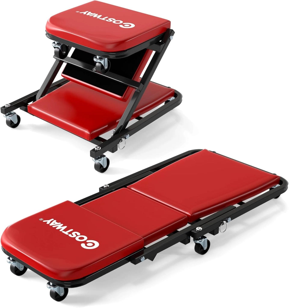 COSTWAY 2 in 1 Sgabello da Officina a Forma di Z, Carrello Meccanico sotto Auto con Sedile Imbottito e Ruote Girevoli a 360°, Portata 150 kg, per Garage e Officina (Rosso)