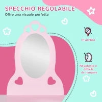 Tavolo Trucco per Bambini con Sgabello in Legno, Toeletta con Specchio e Cassetto, 60x36x88cm, Rosa