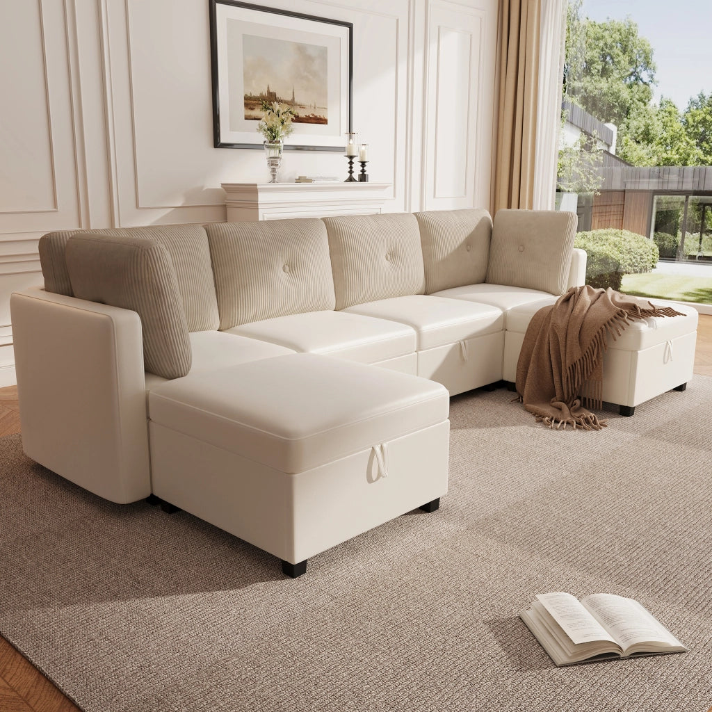 Divano modulare a U 6 posti con contenitore trasformabile in chaise longue o poltrona in velluto beige 261 × 132,5 × 85 cm