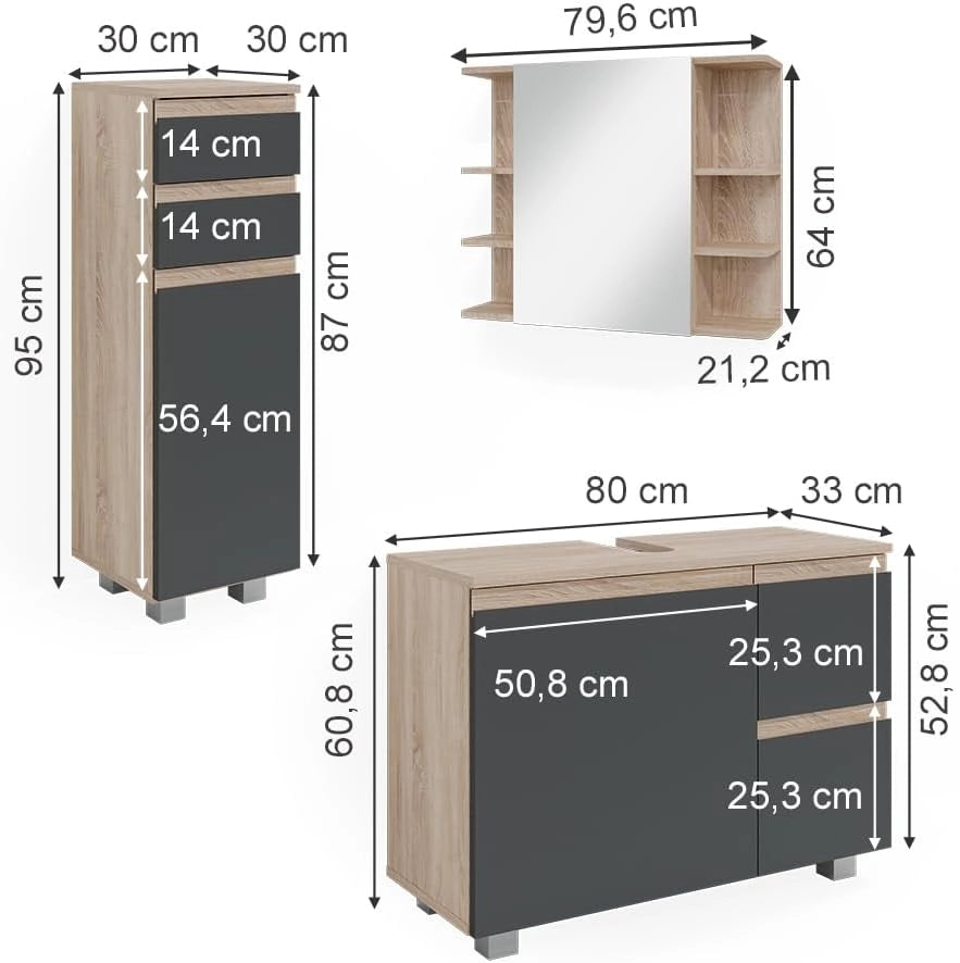 Set mobili bagno J-Shape, Sonoma, 80 cm, composto da mobile sottolavabo, specchiera e mobile medio