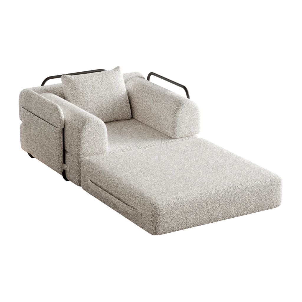 Divano letto 2-in-1 in chenille color khaki con vano portaoggetti nel bracciolo e struttura in acciaio